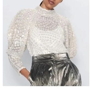 ZARA Trinny Sequin Blouse Top White Gold Size L Puffed Sleeves